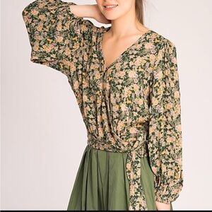 American Eagle Floral Cottage Core Long Sleeved Wrap Blouse L